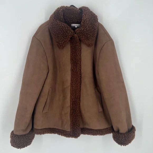 Reformation Talli Shearling Faux Suede Fur Jacket In Chocolate Brown - Picture 1 of 10